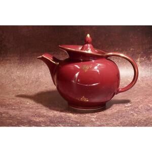 Vintage HALL Red Ceramic Teapot with Gold Accents